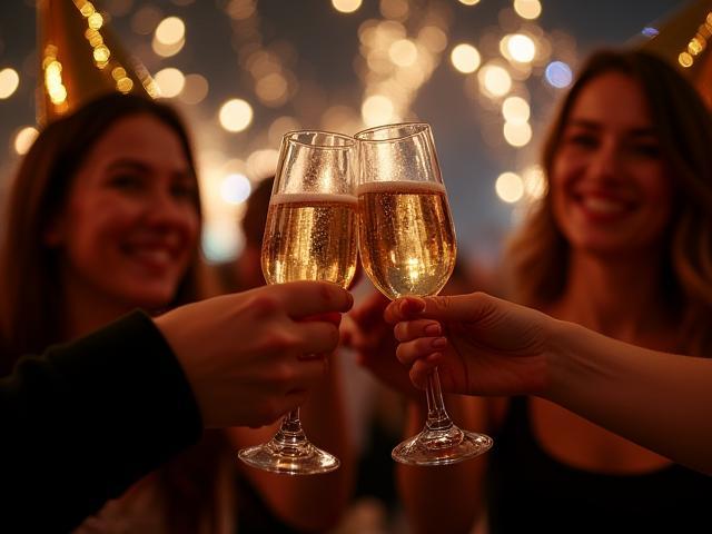 Menschen stoßen fröhlich mit Sektgläsern bei einer Silvesterfeier an