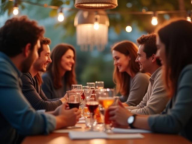 Atmosphärische Szene eines entspannten Firmen-Events mit freundlichen Gesprächen