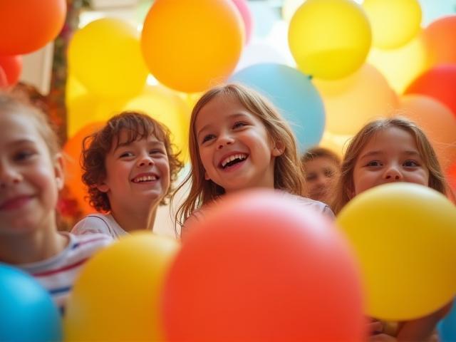 Kinder spielen mit bunten Ballons auf einer Spielparty Geburtstagsparty