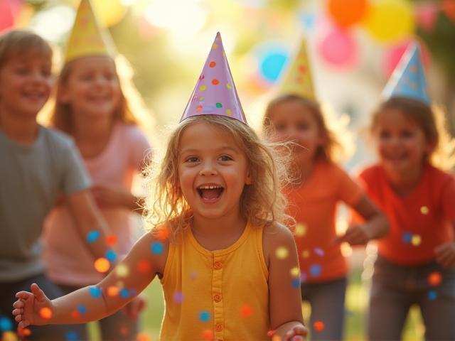 Glückliche Kinder beim Spielen auf einem bunten Kindergeburtstag