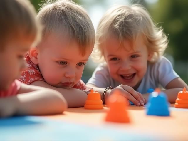 Kinder vertieft in ein gemeinsames Spiel bei einer bunten Geburtstagsfeier