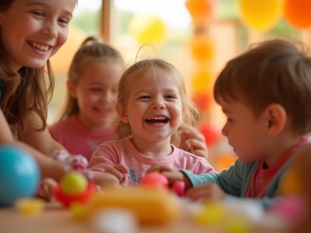 Fröhliche Kinder bei einer bunten Spielparty in Hamburg